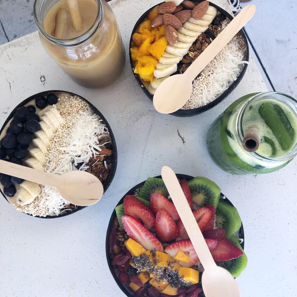 Different colorful smoothie bowls at Matcha Mama, Tulum.