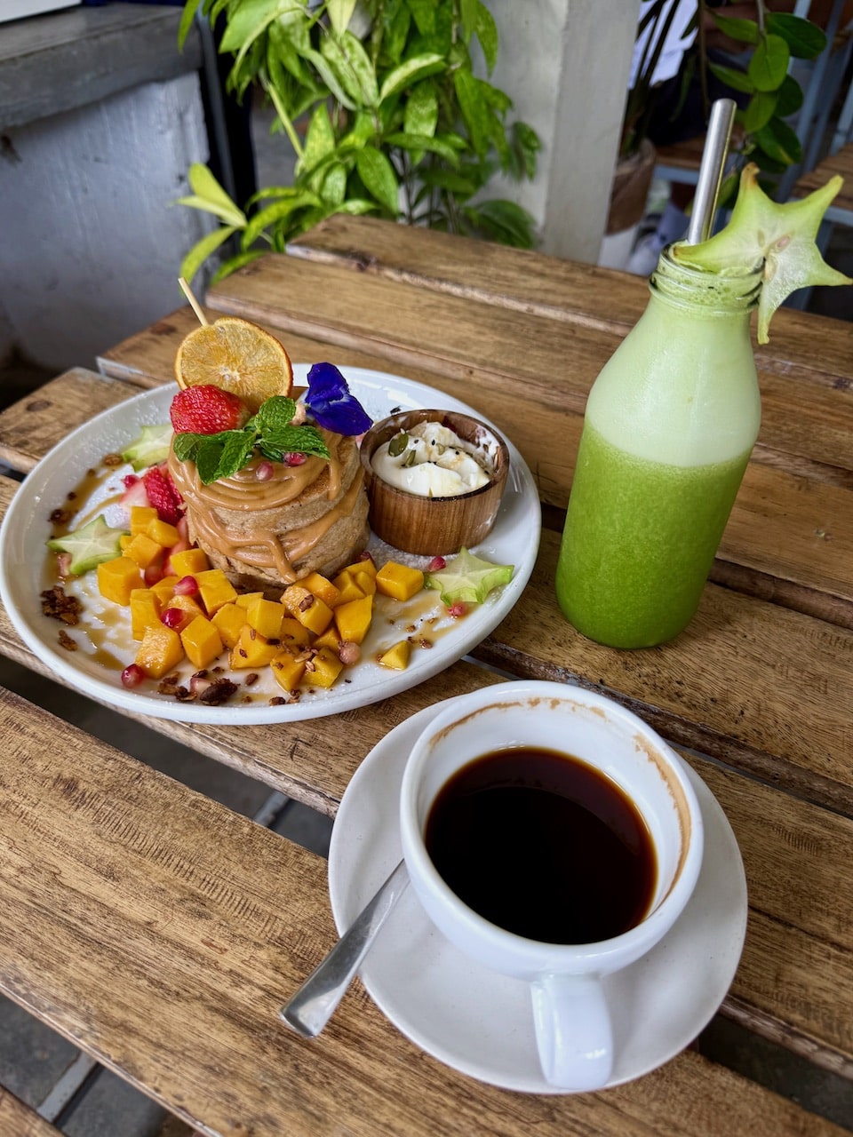Oat banana pancakes with peanut butter.